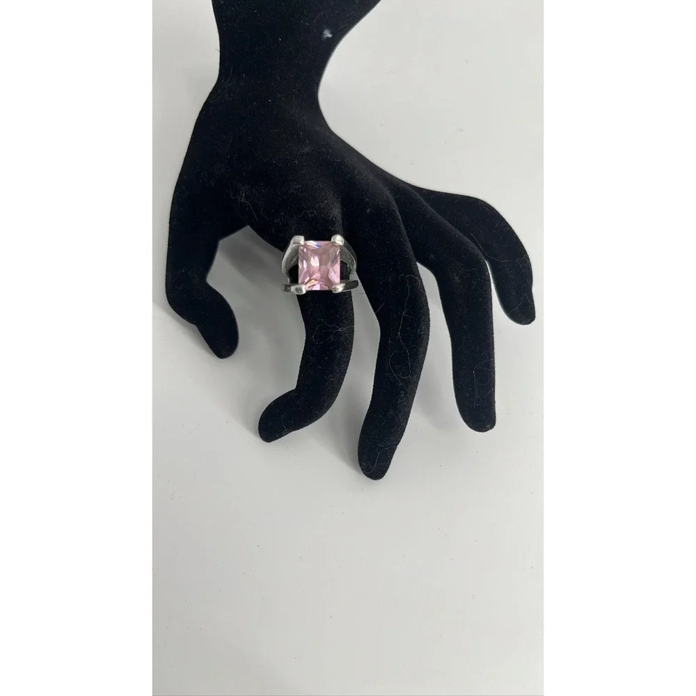LST Pink Emerald Cut Stone Statement Ring Silver‎ Tone Wide Split Band Modernist